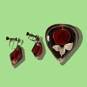 Vintage Pressed Flower Earrings and Matching Decorative Hand Glass-Stone